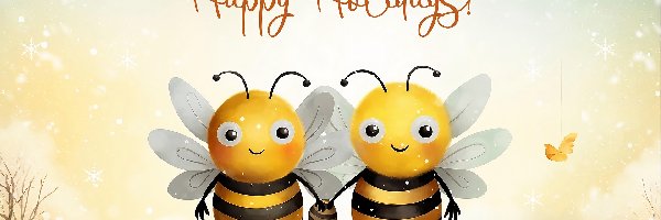Dwa, Napis, Pszczoły, Grafika, Happy Holidays