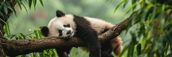 Grafika, Panda, Drzewo, Młoda, Śpiąca, Liście, Konar