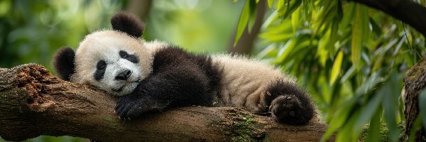 Liście, Panda, Konar, Grafika, Młoda, Śpiąca
