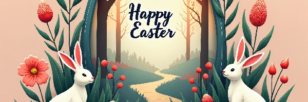 Czerwone, Zające, Pisanki, Wielkanoc, Grafika, Happy Easter, Napis, Dwa, Kwiaty