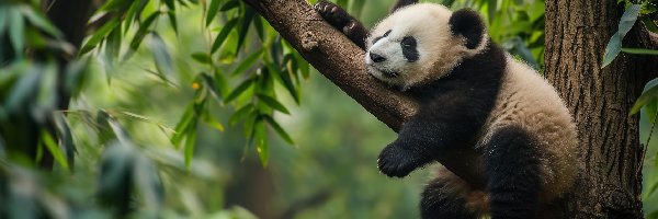 Śpiąca, Drzewo, Panda, Grafika, Konar
