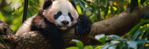 Śpiąca, Liście, Panda, Grafika, Konar