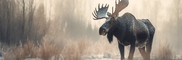 Mgła, Śnieg, Drzewa, Zima, Łoś, Rośliny, Suche