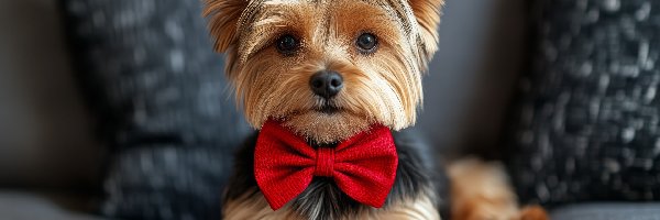 Pies, Czerwona, Yorkshire terrier, Poduszki, Muszka