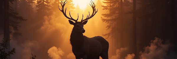 Jeleń, Drzewa, Las, Zachód słońca, Mgła