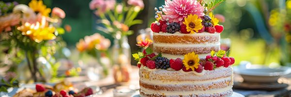 Tort, Kwiaty, Owoce, Grafika, Ozdoby
