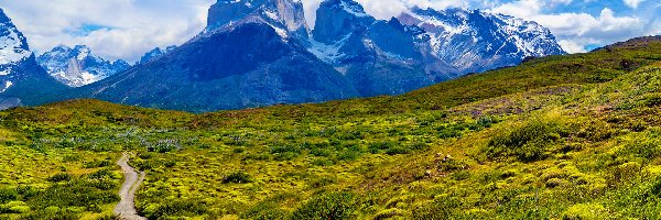 Zachód słońca, Masyw, Chile, Park Narodowy Torres del Paine, Droga, Łąka, Chmury, Góry, Torres del Paine, Patagonia