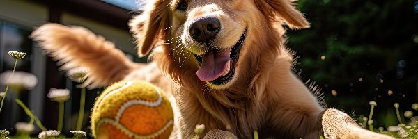 Pies, Piłka, Golden retriever, Grafika, Zabawa