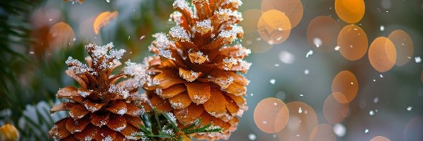 Grafika, Szyszki, Sosna, Ośnieżone, Dwie, Bokeh, Igły
