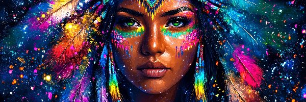 Grafika, Zielone, Oczy, Indianka, Kobieta, Pióropusz, Kolorowy