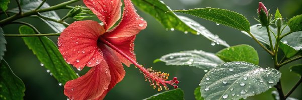 Grafika, Kwiat, Krople, Czerwony, Hibiskus, Liście, Mokre