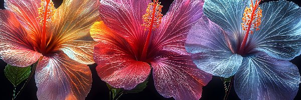 Trzy, Hibiskusy, Kolorowe, Kwiaty