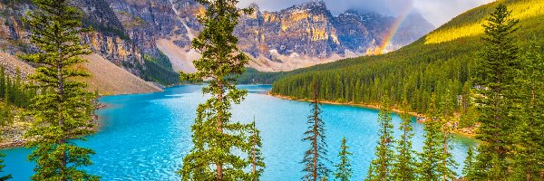 Chmury, Jezioro, Kanada, Tęcza, Góry, Drzewa, Las, Park Narodowy Banff, Moraine Lake, Alberta