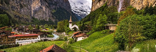 Gmina Lauterbrunnen, Góry, Szwajcaria, Kościół, Domy, Droga, Drzewa, Dolina Lauterbrunnental, Wodospad Staubbach, Kanton Berno