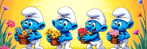 Cztery, Koszyczki, Smerfy, Grafika, Kwiaty