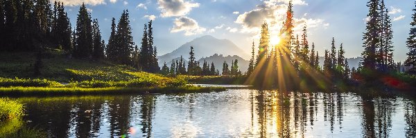 Niebo, Tipsoo Lake, Drzewa, Góry, Park Narodowy Mount Rainier, Stany Zjednoczone, Stan Waszyngton, Jezioro, Zachód słońca