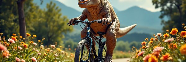 Kwiaty, Tyranozaur, Rower, Ścieżka, Dinozaur, Śmieszne