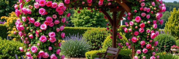Kwiaty, Pergola, Róże, Klomby, Ławka, Ogród