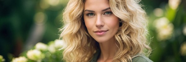 Bluzka, Blondynka, Uśmiech, Kwiaty, Długowłosa, Kobieta