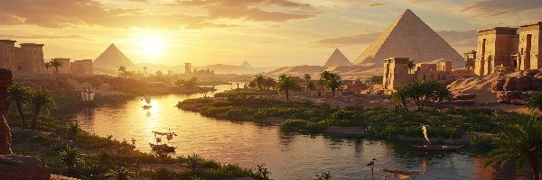 Nil, Assassins Creed Origins, Słońce, Łodzie, Egipt, Piramidy, Palmy, Gra