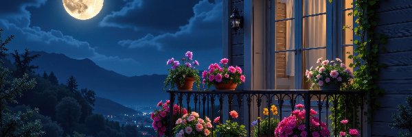 Balkon, Doniczki, Dom, Grafika, Kwiaty, Noc