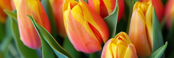 Żółto-czerwone, Zbliżenie, Liście, Tulipany