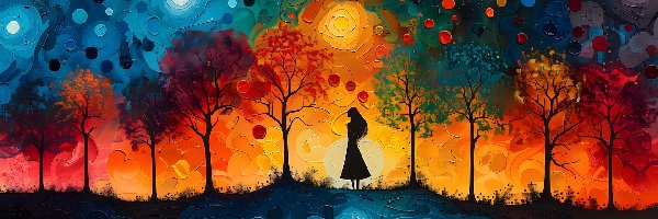 Fantasy, Drzewa, Dziewczyna, Kolory, Malarstwo, Grafika