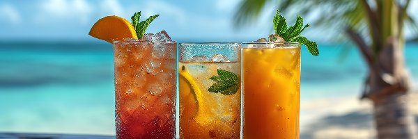 Napoje, Plaża, Lato, Szklanki, Deski, Morze, Palma, Lód, Wakacje, Koktajl, Plasterki, Mięta, Pomarańczy