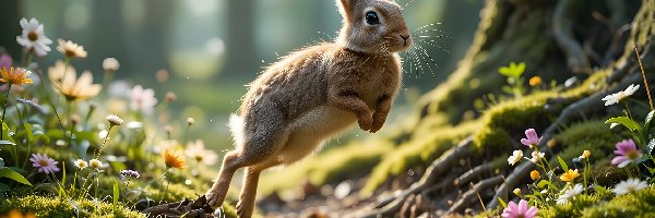 Las, Natura, Kwiatki, Skoki, Zwierzę, Królik, Uszy, Przyroda, Ssak, Skakanie