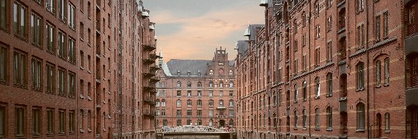 Most, Speicherstadt, Domy, Kanał, Hamburg, Niemcy