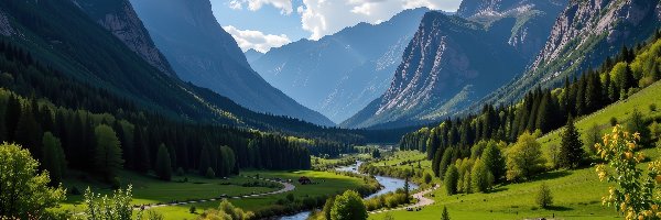 Grafika, Rzeka, Drzewa, Kręta, Dolina, Lasy, Góry