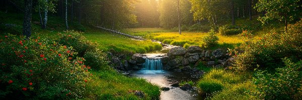 Zachód słońca, Krzewy, Róże, Zachód Słońca, Strumień, Las