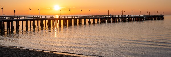Gdynia, Molo, Plaża, Polska, Morze Bałtyckie, Zachód słońca