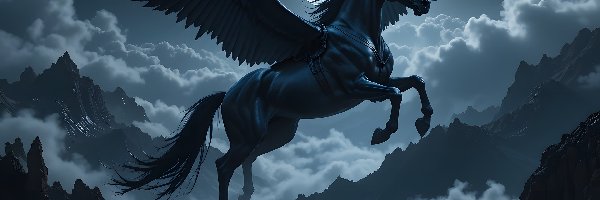 Fantasy, Skrzydła, Księżyc, Pegaz, Koń, Góry, Niebo
