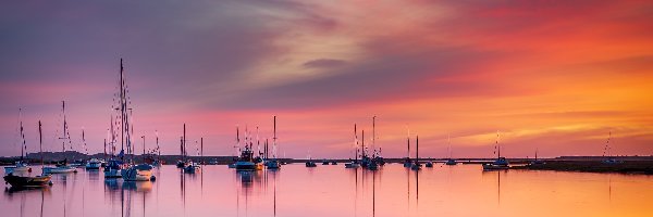 Norfolk, Żaglówki, Zachód słońca, Anglia, Zatoka, Morze
