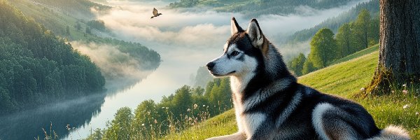Mgła, Wzgórze, Siberian husky, Pies, Rzeka, Drzewo, Polana, Góry