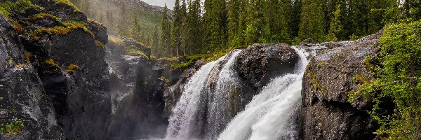 Rjukandefossen, Hemsedal, Chmury, Drzewa, Wodospad, Skały, Las, Norwegia