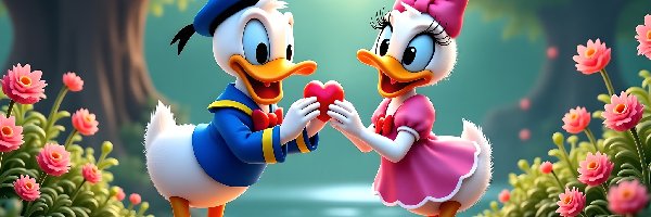 Grafika AI, Kwiaty, Serce, Kaczka Daisy, Kaczor Donald, Disney, Bajka