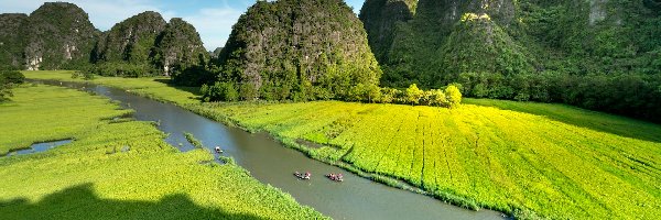 Łódki, Pola, Rzeka, Ninh Binh, Wietnam, Tam Coc Ninh Binh, Atrakcja turystyczna, Ngo Dong, Góry