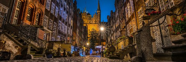 Światła, Domy, Ulica, Noc, Gdańsk, Polska