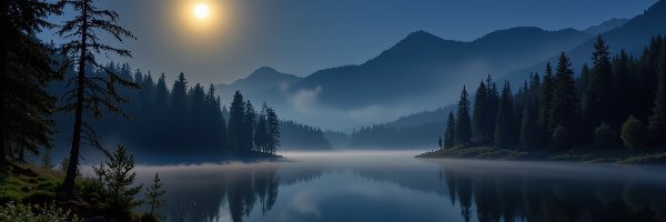 AI, Góry, Jezioro, Księżyc, Noc, Drzewa, Mgła