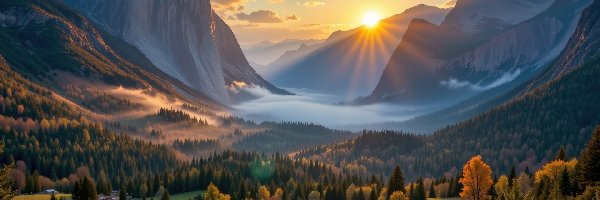 Kalifornia, Lasy, Grafika AI, Park Narodowy Yosemite, Wschód słońca, Mgła, Yosemite Valley, Dolina, Góry, Stany Zjednoczone