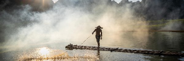 Góry, Cao Bang, Rybak, Połów, Mgła, Jezioro, Sieć, Wietnam