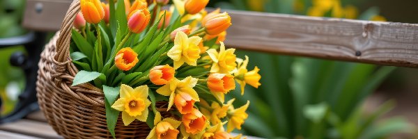 Kwiaty, Tulipany, Narcyzy żonkile, Ławka, Koszyk