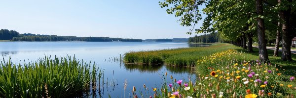 Lato, Drzewa, Jezioro, Grafika AI, Kwiaty, Polne