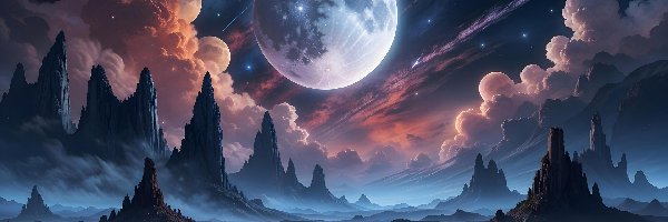 Góry, Fantasy, Chmury, Księżyc