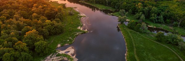 Odra, Gmina Szlichtyngowa, Z lotu ptaka, Zachód słońca, Rzeka, Drzewa, Pola, Polska