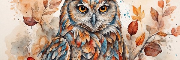 Sowa, Grafika, Liście, Ptak