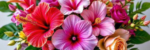 Kwiaty, Róże, Hibiskusy, Grafika AI, Bukiet