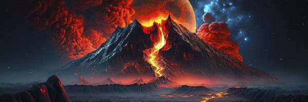 AI, Erupcja, Ogień, Wulkan, Noc, Księżyc, Dym
